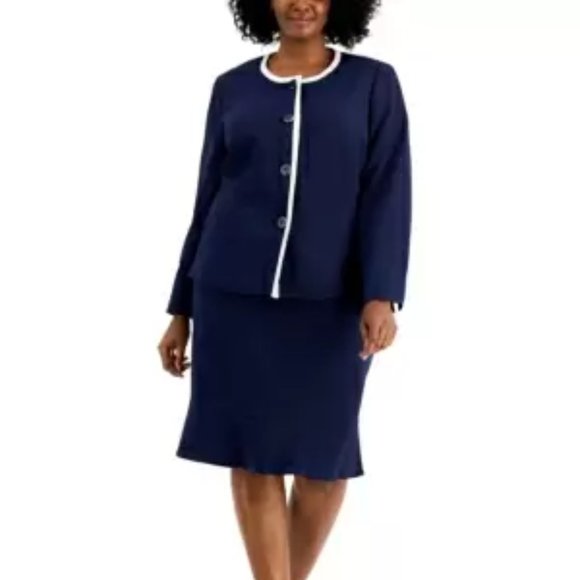 Le Suit Navy Blue Blazer and Skirt Set with White Trim - Picture 1 of 12